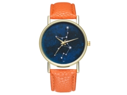Relógio de quartzo com pulseira de couro PU, estilo moderno, mostrador redondo, laranja céu estrelado