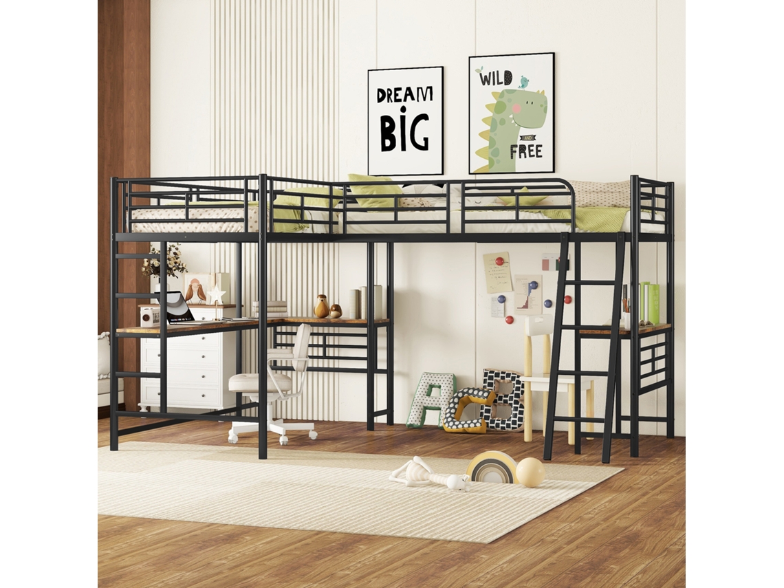 Cama Alta 90x200 2 Beliches Mesa Escada Dupla Corrimão Preta