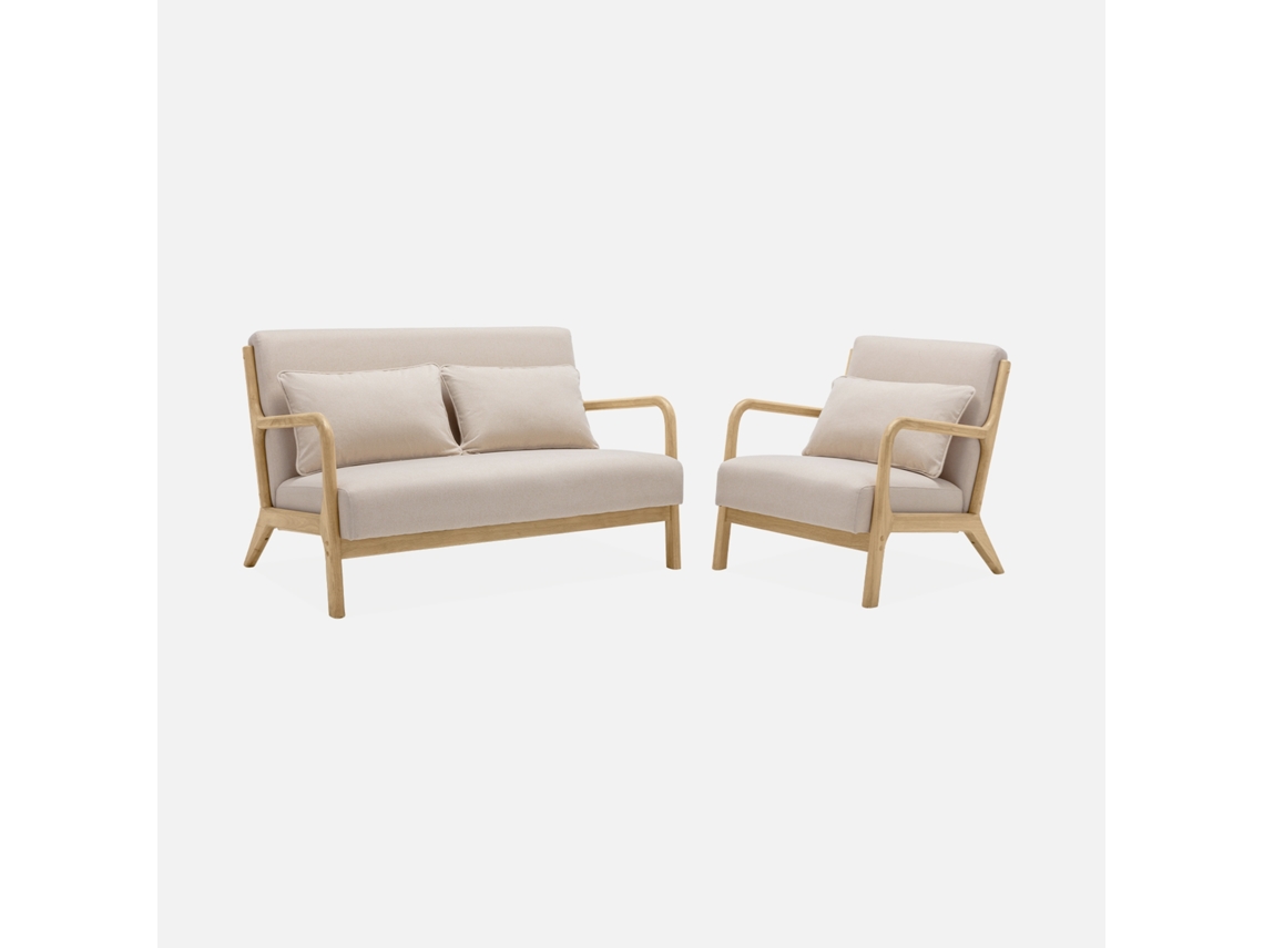Banco De 2 Lugares E Poltrona De Madeira Com Tecido Bege, Beige Sweeek