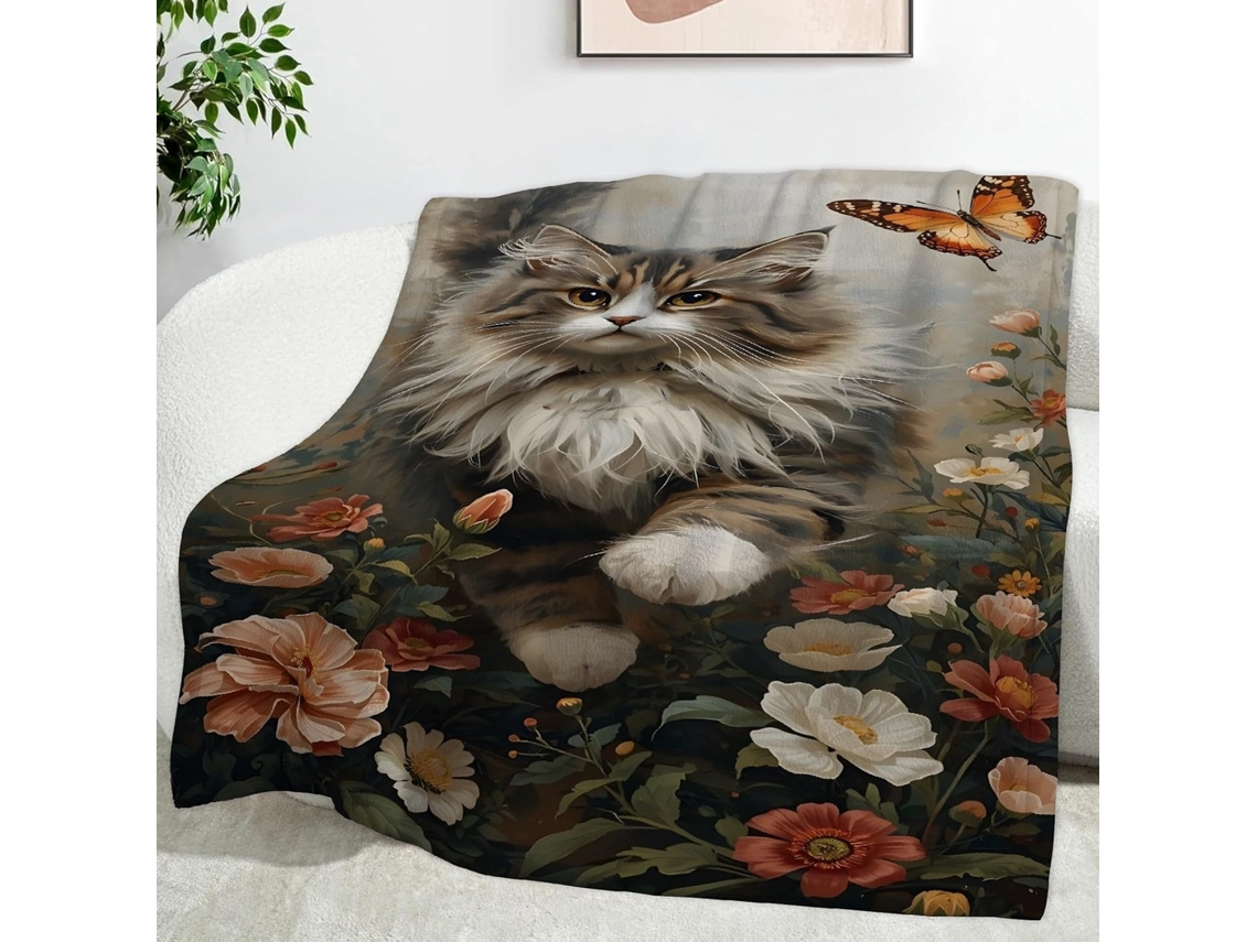 Manta Floral para Cama com Estampa de Gato da Floresta Norueguesa 220x240 Cm Multifuncional Macia e Aconchegan