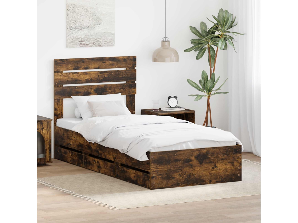 Vidaxl Estrutura Da Cama Com Gaveta Carvalho Defumado 90 X 200 Cm