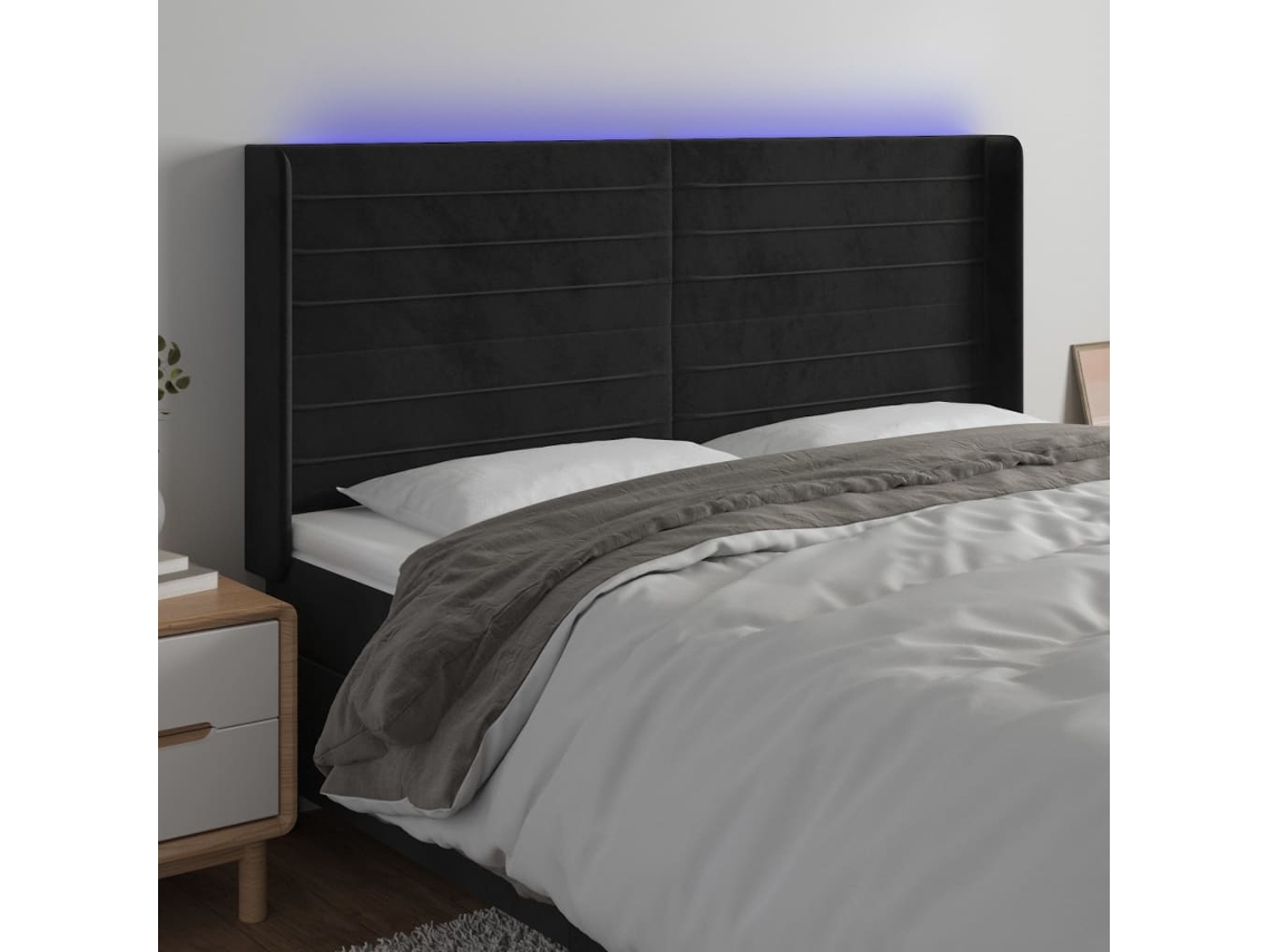Vidaxl Cabeceira de Cama C/ Luzes Led Veludo 203x16x118/128 Cm Preto