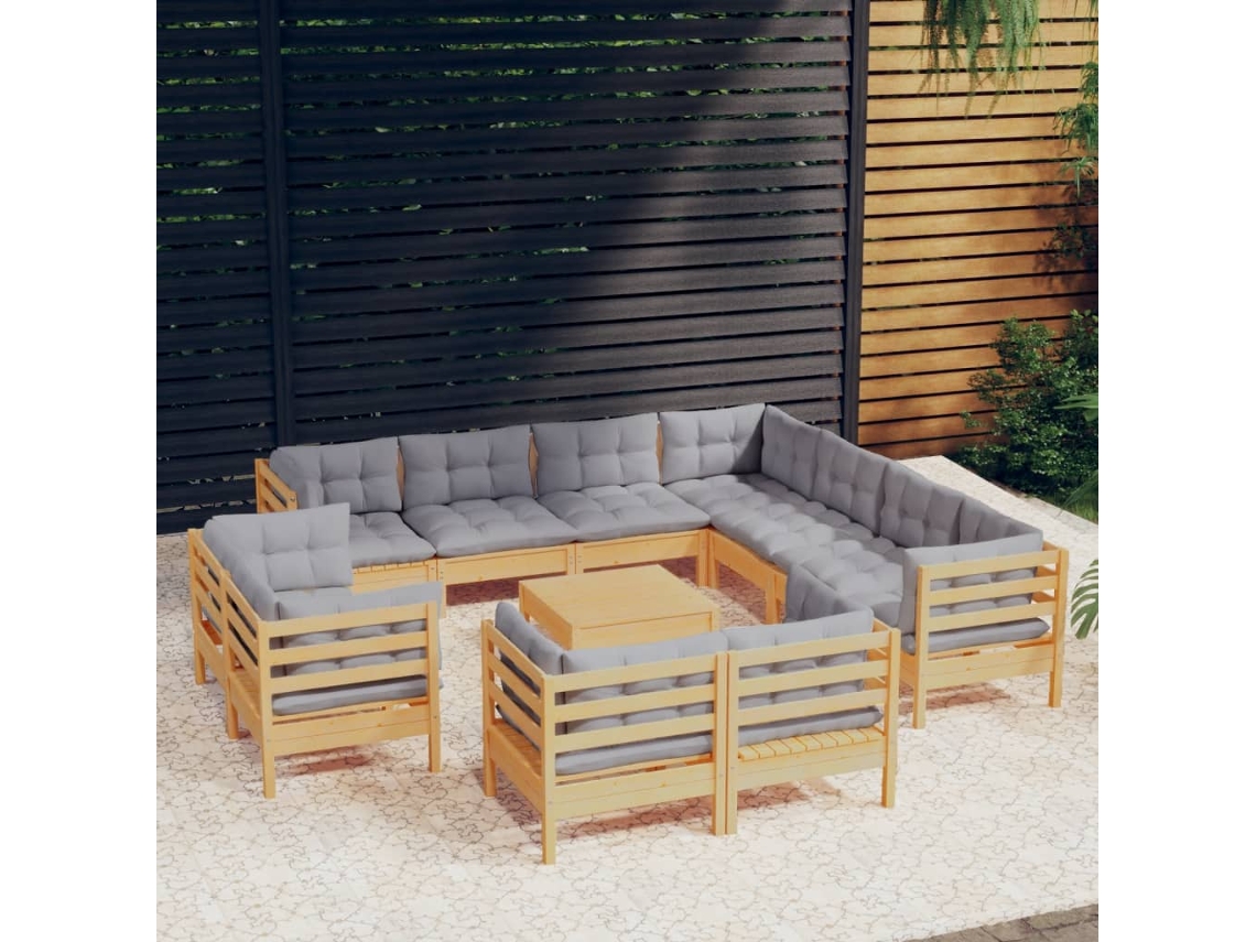 Vidaxl 12pcs Conjunto Lounge De Jardim + Almofadões Cinza Pinho Maciço