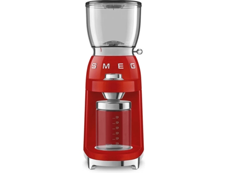 Moinho de Café SMEG CGF01PGEU (Capacidade: 130 g - 150 W - Encarnado) — Moinho de café com moinho cónico. 30 níveis de moagem. 8 Funções. e 1 Função Manual. Sistema anti estático. Funil com capacidade para 350 gr. Com sistema Twist&Lock. Jarro para 150 gr. Café moído