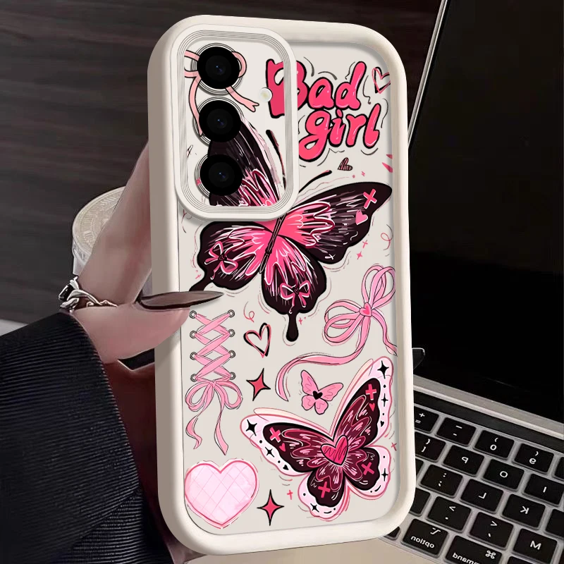 Capa Para Celular Galaxy A57 (cor Off-white) Com Estampa De Borboleta Rosa, Capa Macia De Tpu