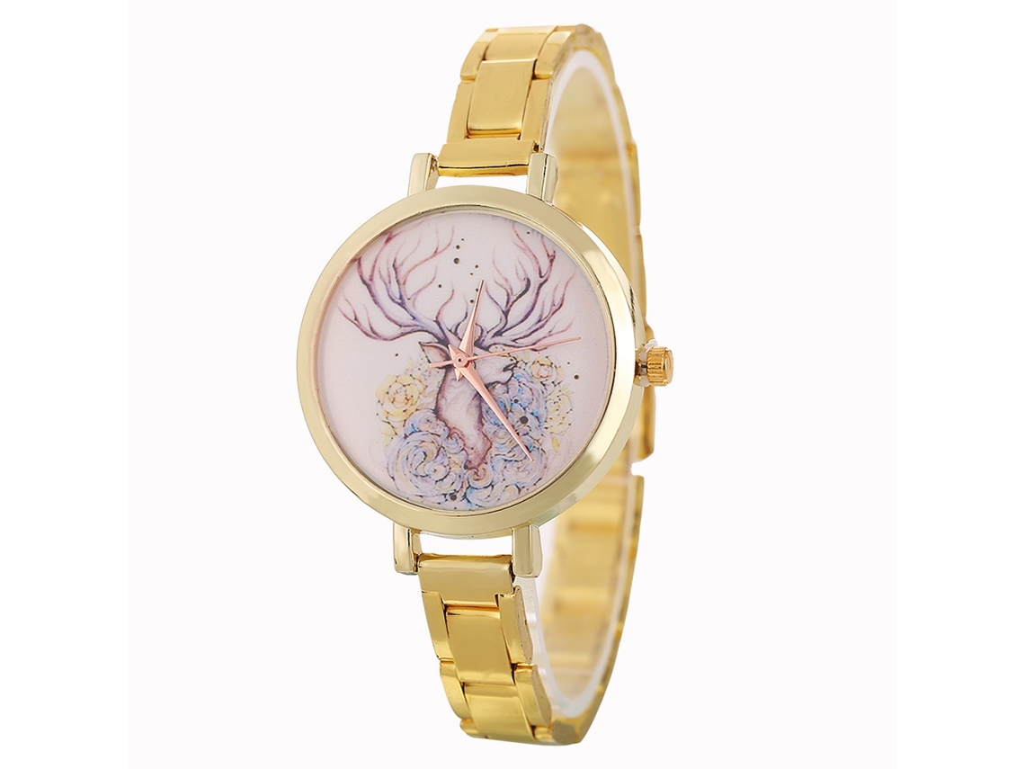 Relógio de Quartzo com Pulseira de Aço e Padrão de Veado da Sorte Estilo Simples (ouro)