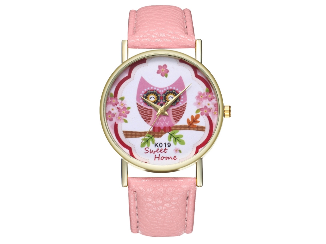Relógio de pulso de quartzo com pulseira de PU e mostrador redondo com estampa de desenho animado (rosa)