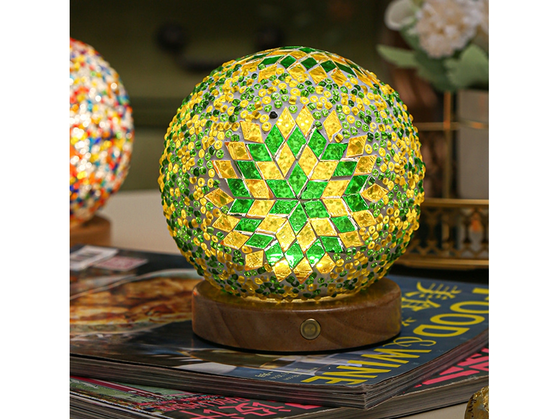 Candeeiro Turco Vidro Mosaico Base de Madeira Estilo Boémio Tiffany Usb RNEMITERY