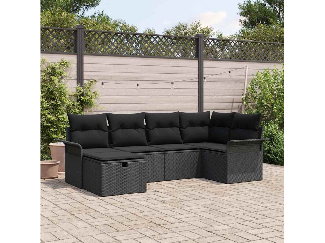 Vidaxl Conjunto De Sofá De Jardim Com Almofada 6 Pcs Preto Vime Pe