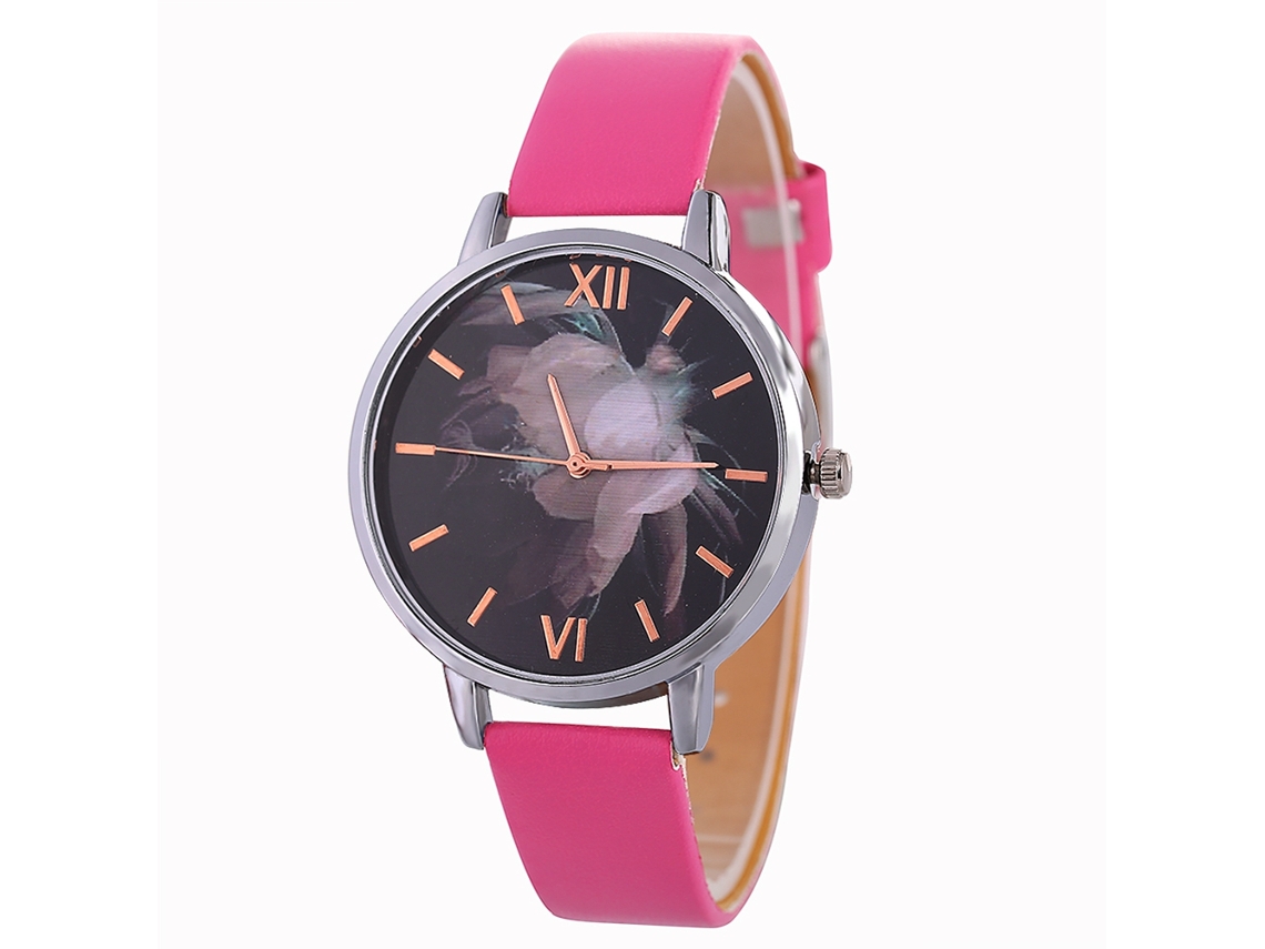 Relógio de Pulseira Feminino de Moda com Esfera Preta e Pulseira de Couro (vermelho Rosa)