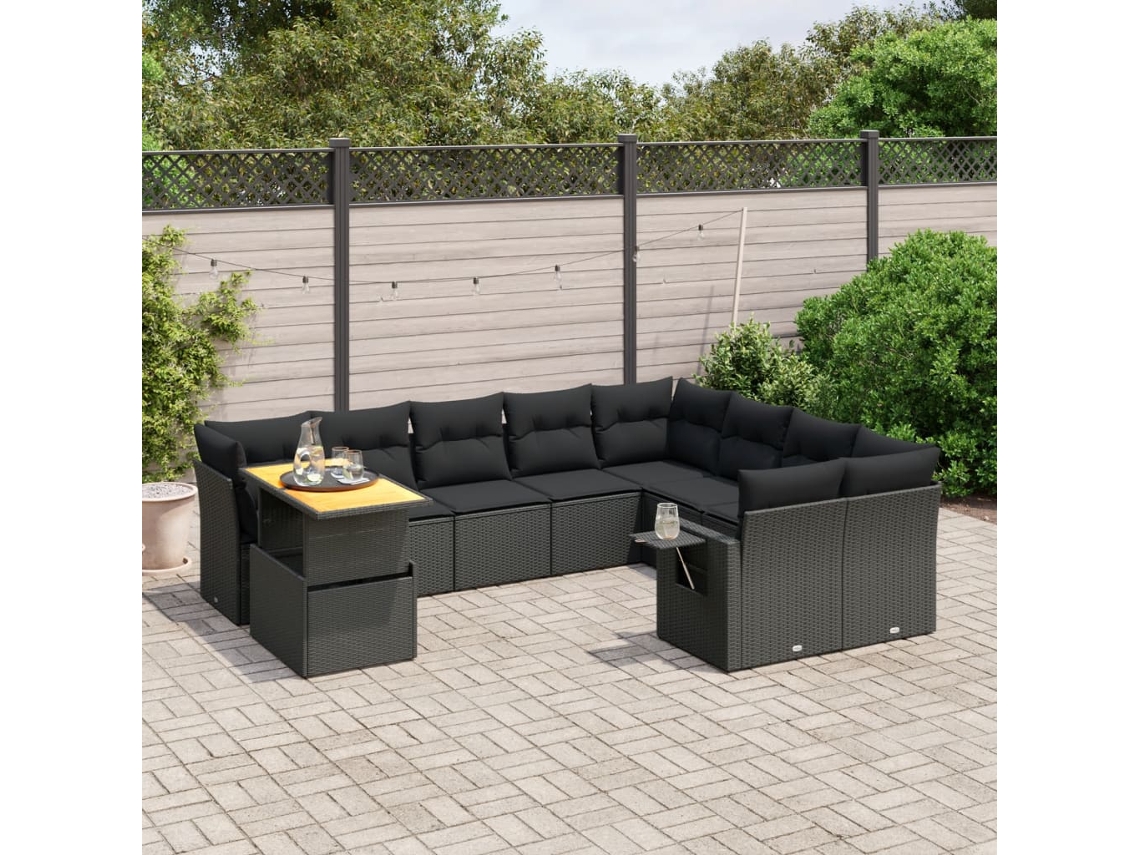 Vidaxl 10 Pcs Conjunto Sofás De Jardim C/ Almofadões Vime Pe Preto