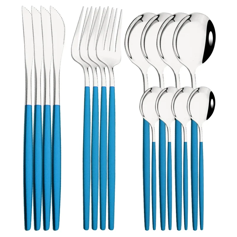 Talheres de Aço Inoxidável, Incluindo Faca, Garfo, Colher de Café, Uso Doméstico MDUG (prata Azul, Conjunto de 16 Peças)