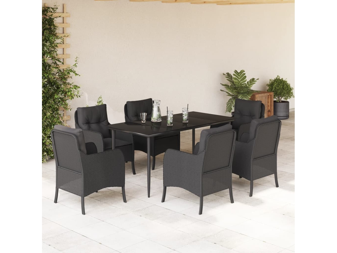 Vidaxl 7 Pcs Conjunto De Jantar P/ Jardim C/ Almofadões Vime Pe Preto