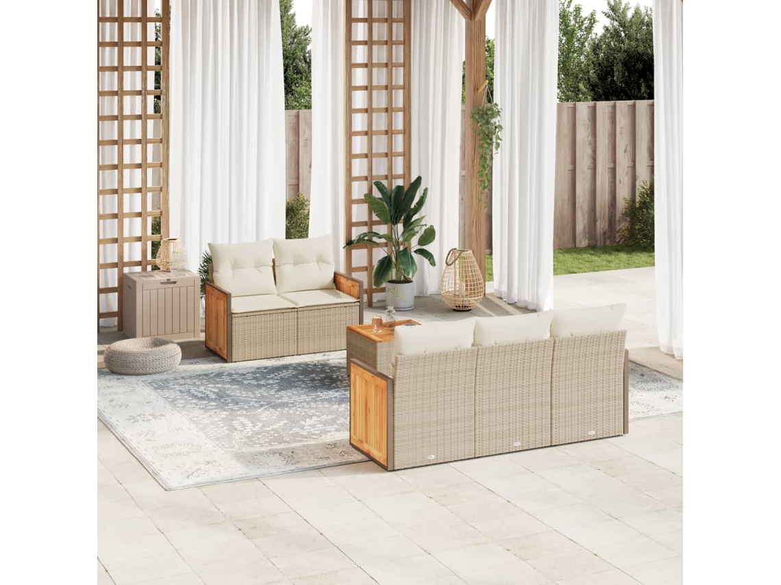 Vidaxl 6 Pcs Conjunto De Sofás P/ Jardim Com Almofadões Vime Pe Bege