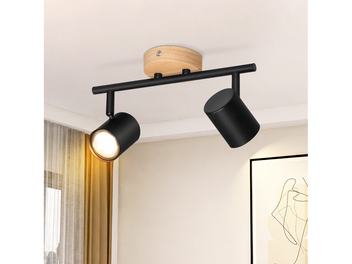 Led 2 Chama Para Montagem No Teto Preto Projetor Giratório Gu10 Para Montagem No Teto Candeeiro De Parede Em Madeira Sem Lâmpada Nettlife