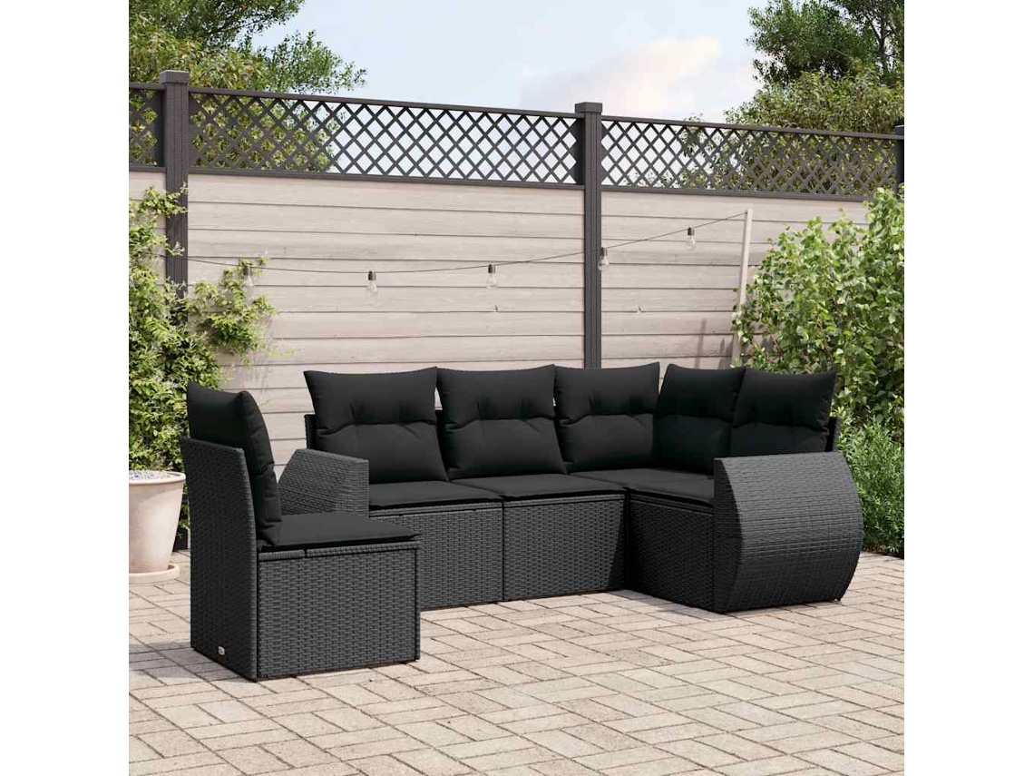 Vidaxl 5 Pcs Conjunto Sofás De Jardim Com Almofadões Vime Pe Preto