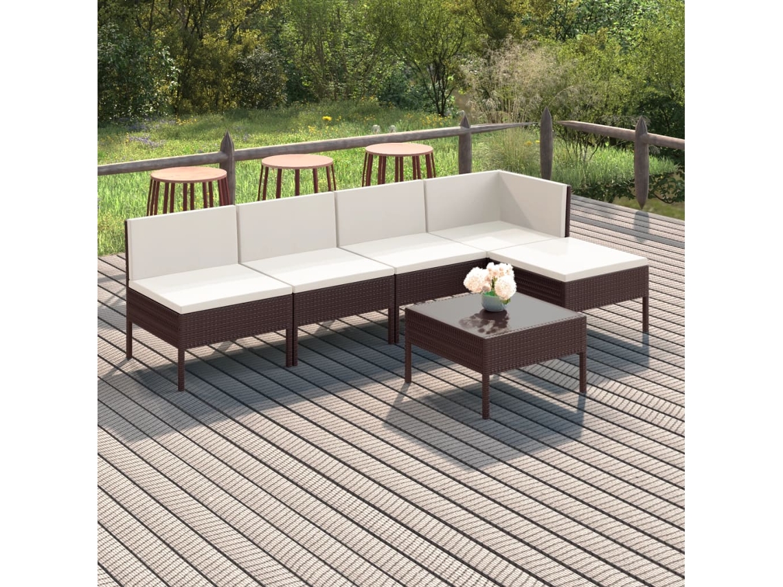 Conjunto 6 Peças Lounge Jardim C/ Almofadões Vime Pe Castanho Dkd Home Decor
