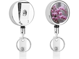 Chaveiro Retrátil Redondo Com Orquídea Rosa, Em Aço Inoxidável, Cordão De Nylon Resistente, Clipe Cinto E Argola
