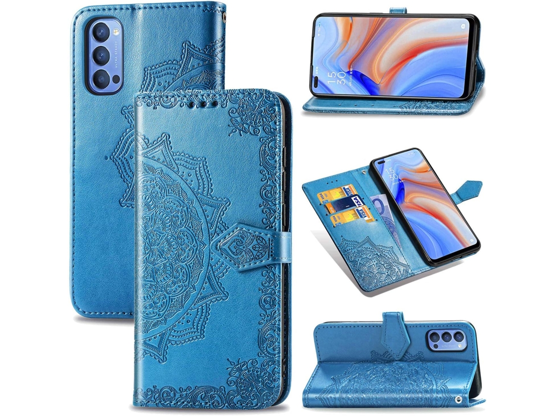 Capa Fólio Relevo Mandala Proteção para Oppo Reno4 HONGWE. Pele Premium Azul