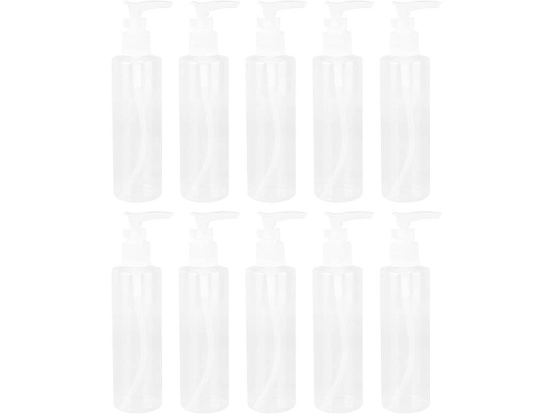 Embalagem com 10 frascos de 200ml com bomba dosadora, em PET e PP, recarregáveis.