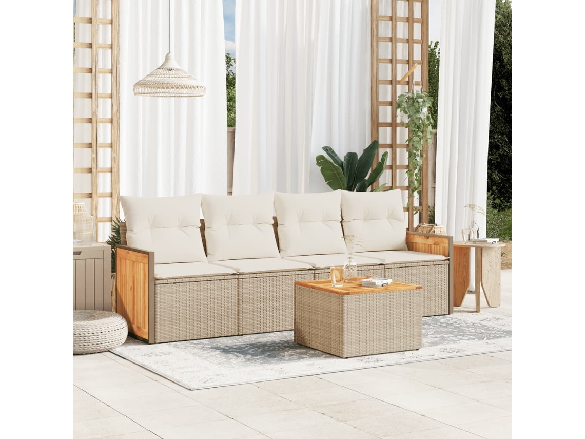 Vidaxl 5 Pcs Conjunto De Sofás P/ Jardim Com Almofadões Vime Pe Bege