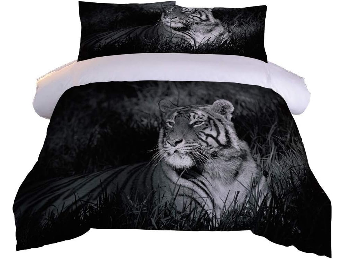 Capa de Edredom com Estampa Tigre Preto em Microfibra Fronha 140x200cm