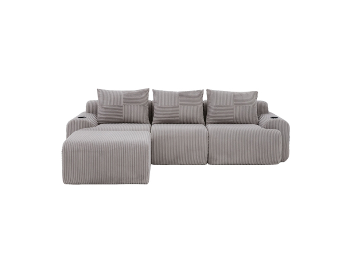 Sofá Modular Em Veludo Cotelê Para 3 Pessoas (com Pufes), Combinável Livremente, Incluindo Porta-copos E Bolso Lateral Para Armazenamento