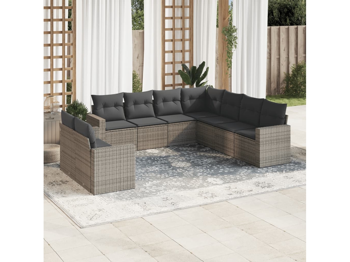 Vidaxl 9 Pcs Conjunto Sofás P/ Jardim Com Almofadões Vime Pe Cinzento