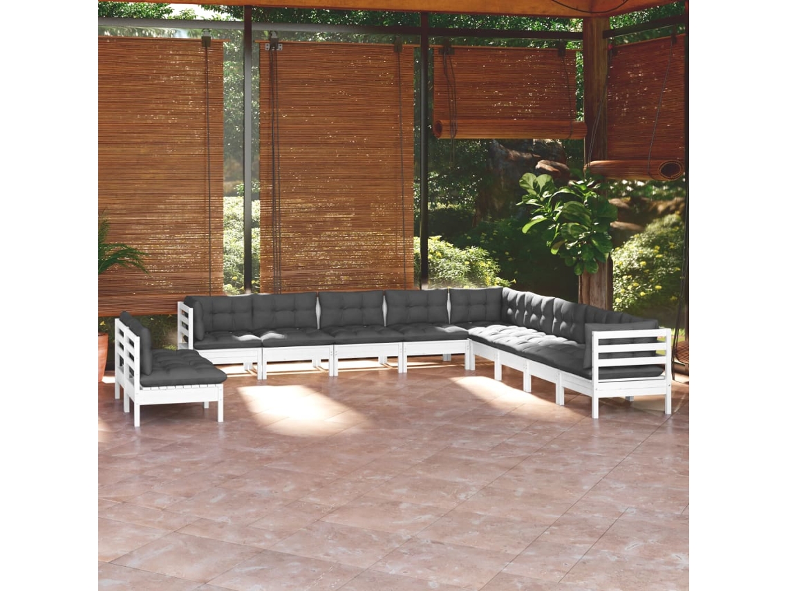 Conjunto 11 Peças Lounge De Jardim C/ Almofadões Pinho Maciço Branco Dkd Home Decor