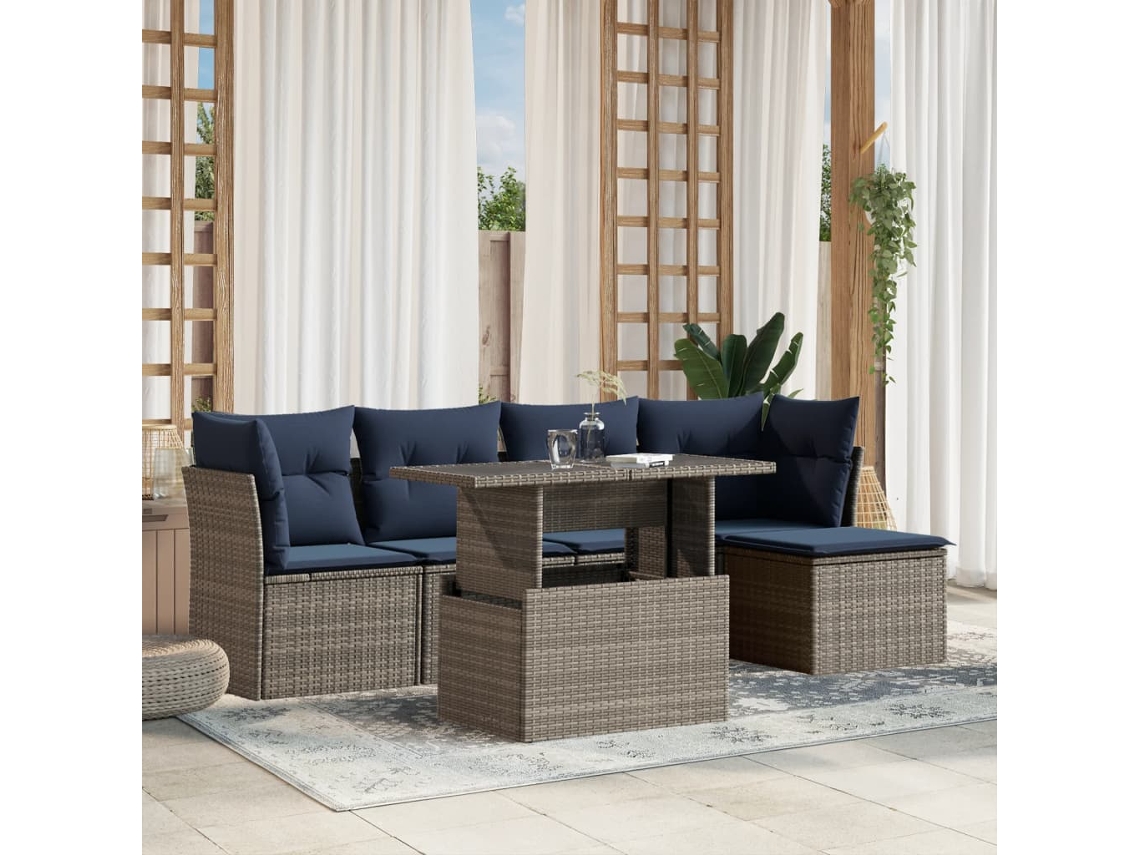 Vidaxl Conjunto De Sofá De Jardim Com 6 Peças E Almofadas Em Rattan Sintético Cinza