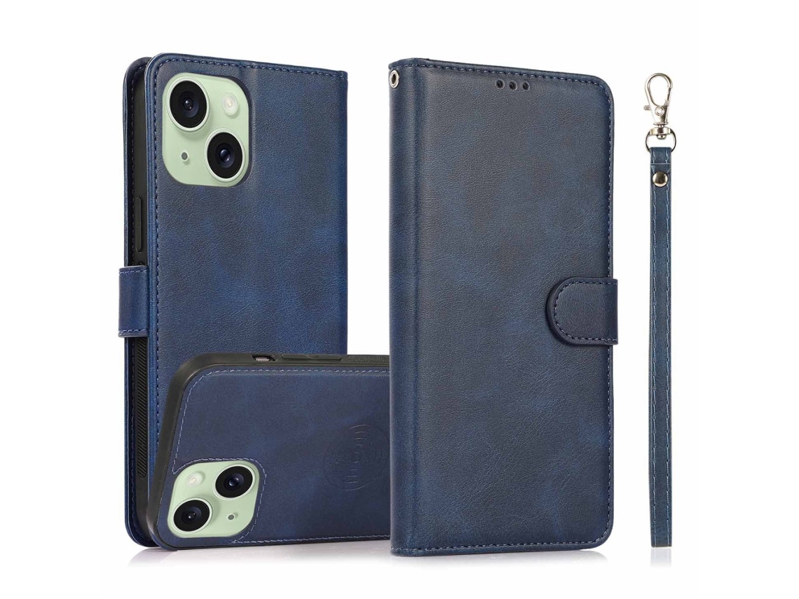 Capa Amovível Para Iphone 15 Plus Pele Sintética Azul