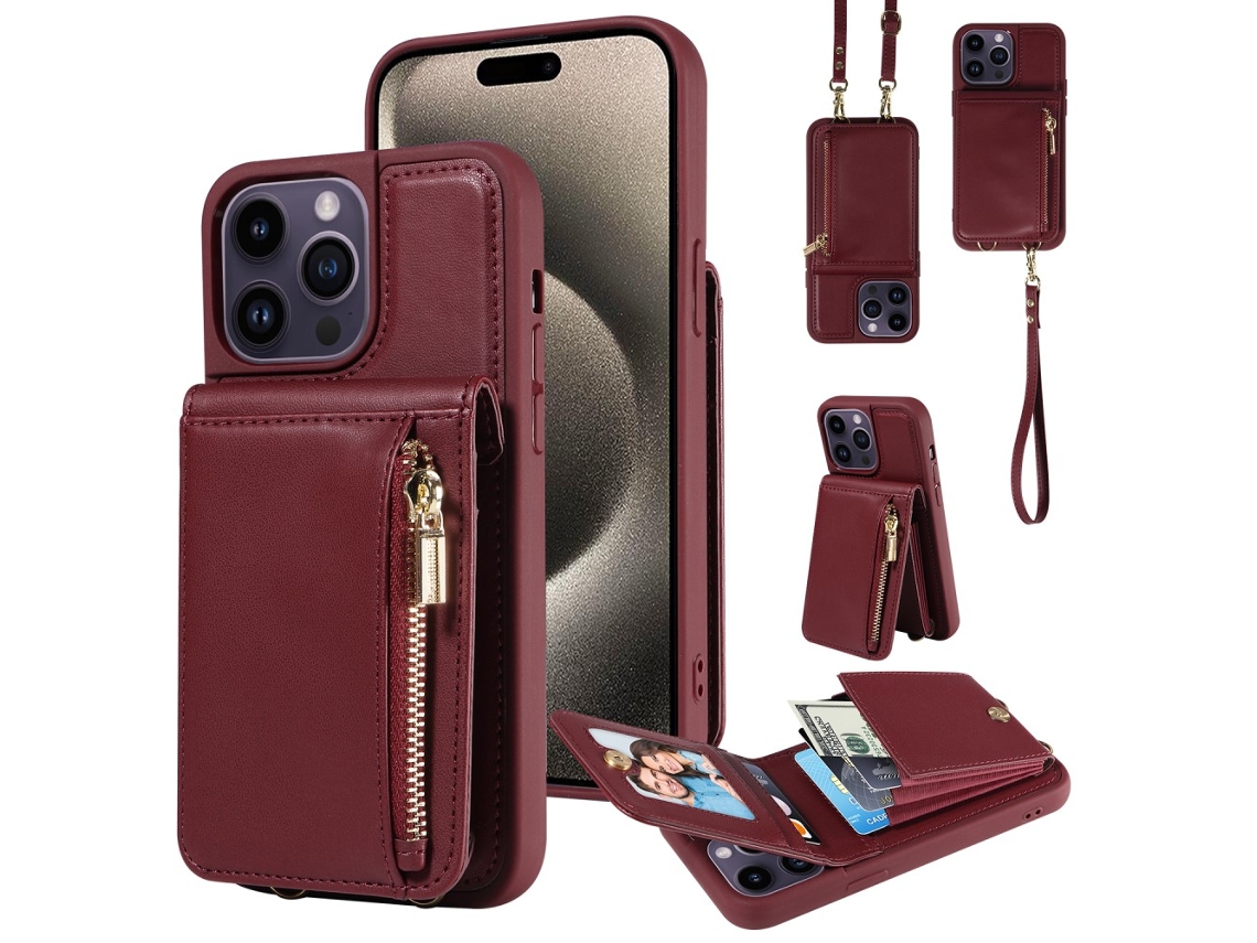 Capa Bloqueio Rfid Para Iphone 15 Pro Max Pele Sintética Com Porta-cartões Vermelho
