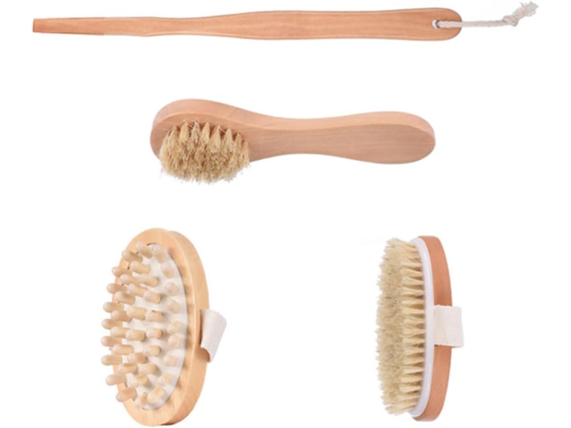 Conjunto De 4 Escovas Banho Madeira Healvian Para Uso Doméstico, Limpa Áreas De Difícil Acesso, Remove O Excesso De