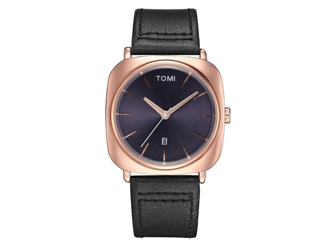 Relógio de pulso masculino Tomi Fashion, analógico, quartzo, preto e ouro rosa.