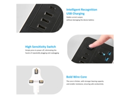 Tomada inteligente YURU com 6 tomadas, 3 USB, 1 Type C e proteção contra surto