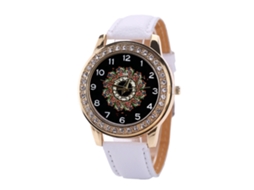Relógio Feminino de Quartzo com Pulseira de Couro Pu e Pedras Artificiais Branco