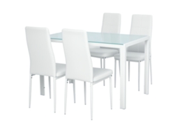Conjunto De 5 Peças Com 1 Mesa E 4 Cadeiras Para Cozinha Ou Sala De Jantar Em Couro Sintético, Metal E Vidro Temperado, Branco.