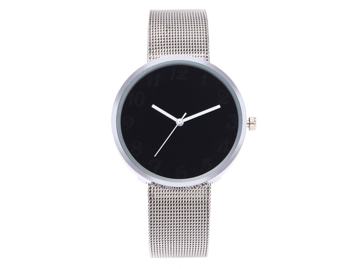Relógio de pulso redondo Zhoulianfa para casais de estudantes, com pulseira de aço inoxidável, movimento de quartzo e mostrador preto.