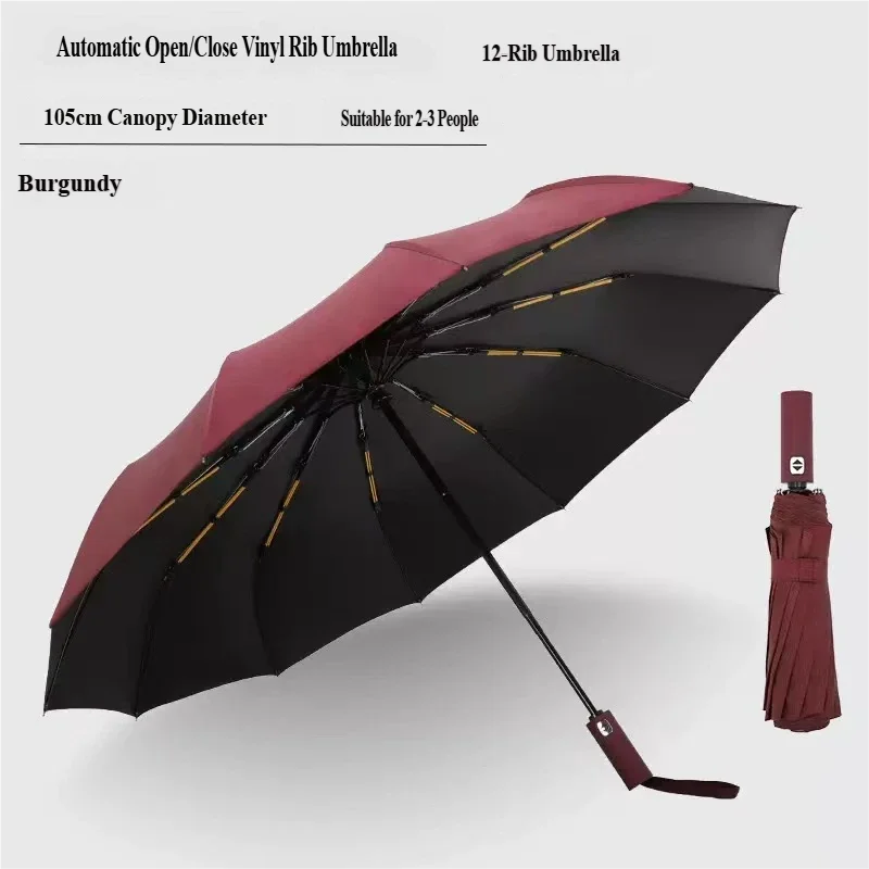 Guarda-chuva Automático Grande (12k Borgonha) Com 60 Varetas, Que Oferece Forte Proteção Contra Vento, Sol E Raios Uv.