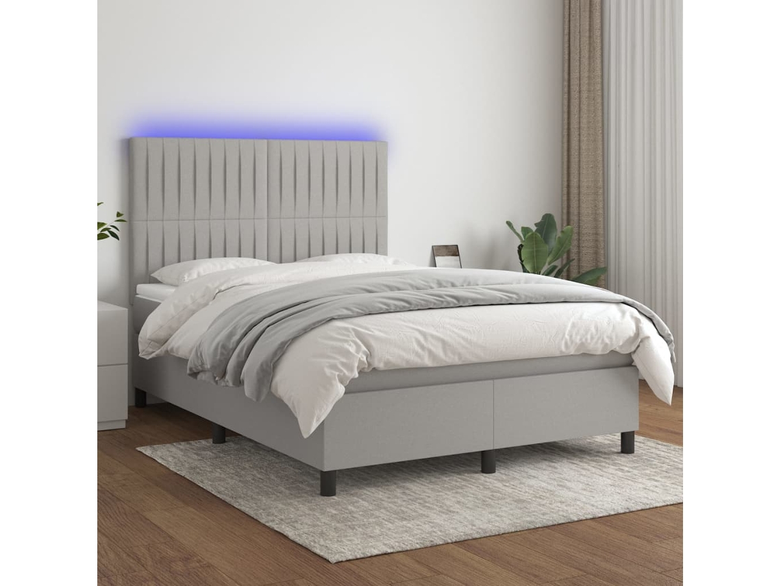 Vidaxl Cama Box Spring C/ Colchão E Led 140x190 Cm Tecido Cinza-claro