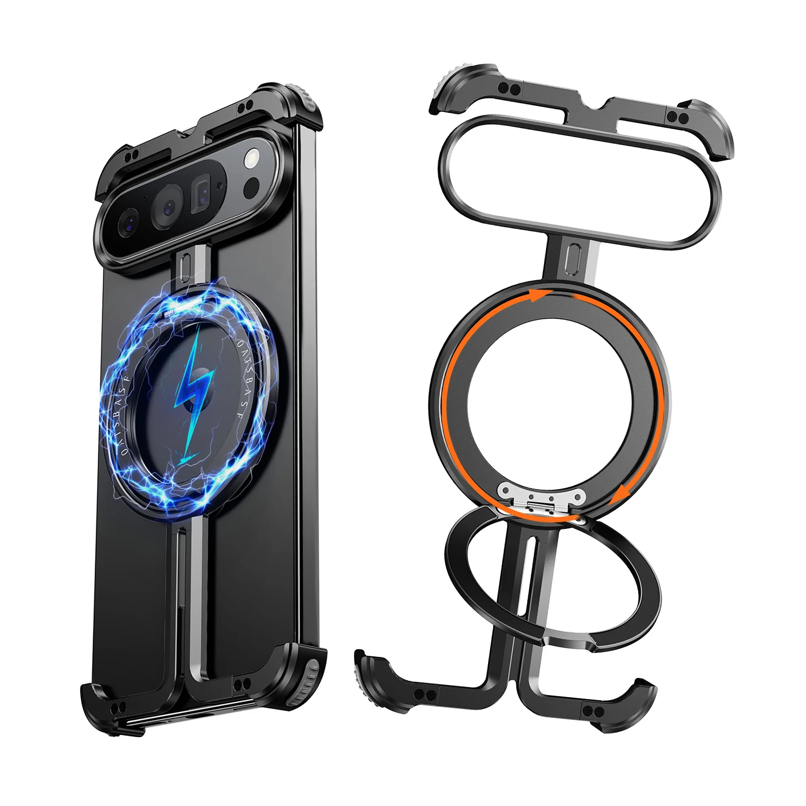 (google Pixel 9 Preto) Capa Dobrável Para Celular, Suporte Magnético Giratório 360°, Design Metálico Sem Moldura.