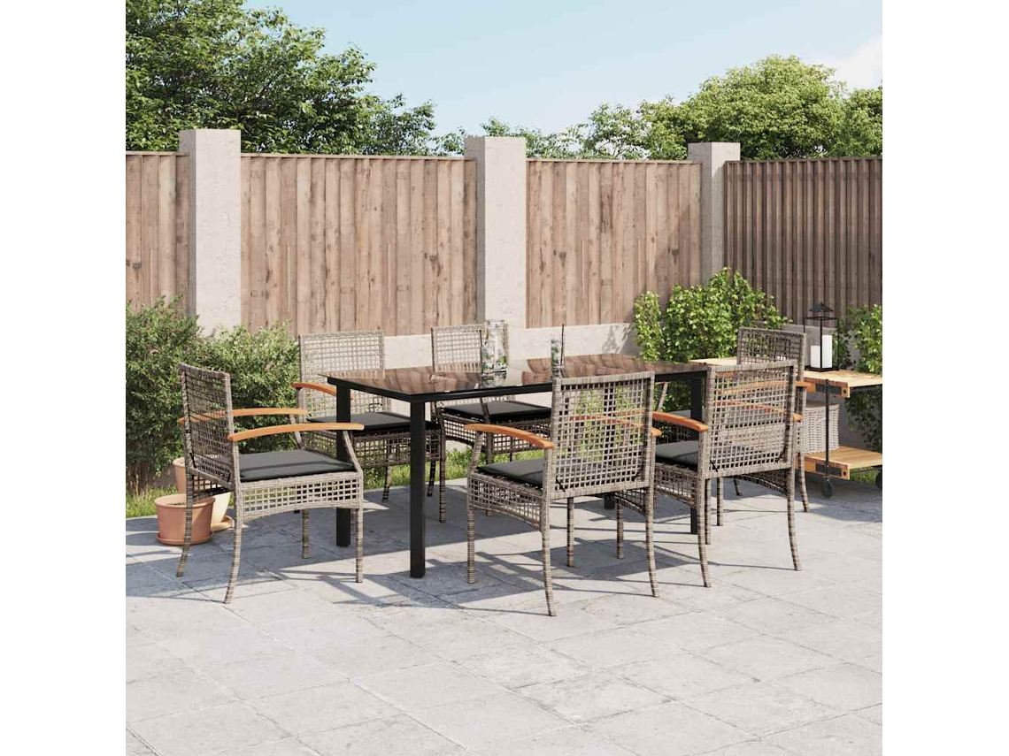 Vidaxl 7 Pcs Conjunto De Jantar P/ Jardim C/ Almofadões Vime Pe Cinza