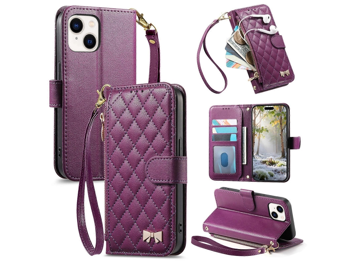 Capa Para Celular Em Couro Vegano Com Textura Rômbica, Zíper, Laço Metálico E Alça Para Iphone 15.