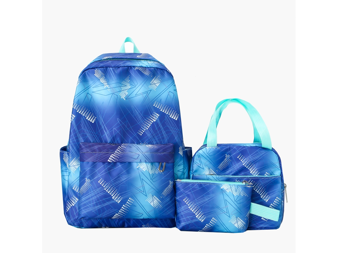 Conjunto de três mochilas geométricas modernas em tons de azul.