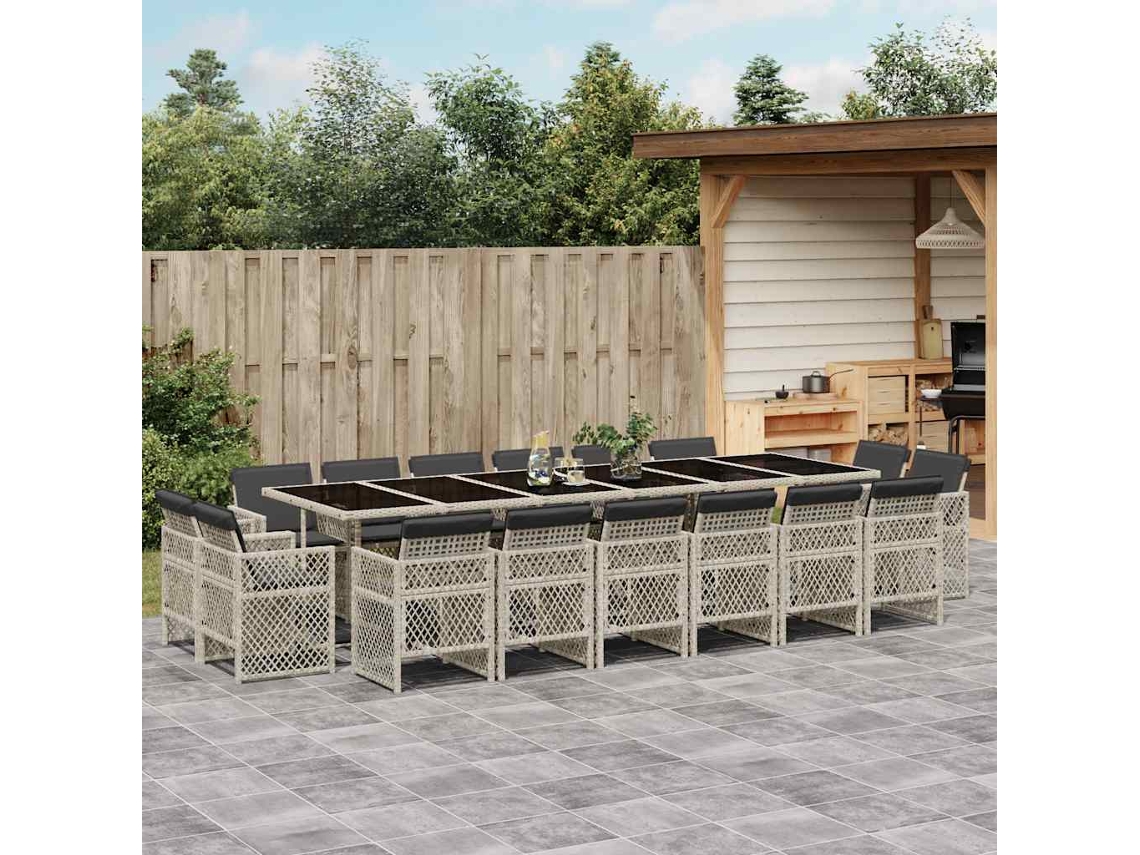 Vidaxl 17 Pcs Conj. Jantar Jardim C/ Almofadões Vime Pe Cinzento-claro