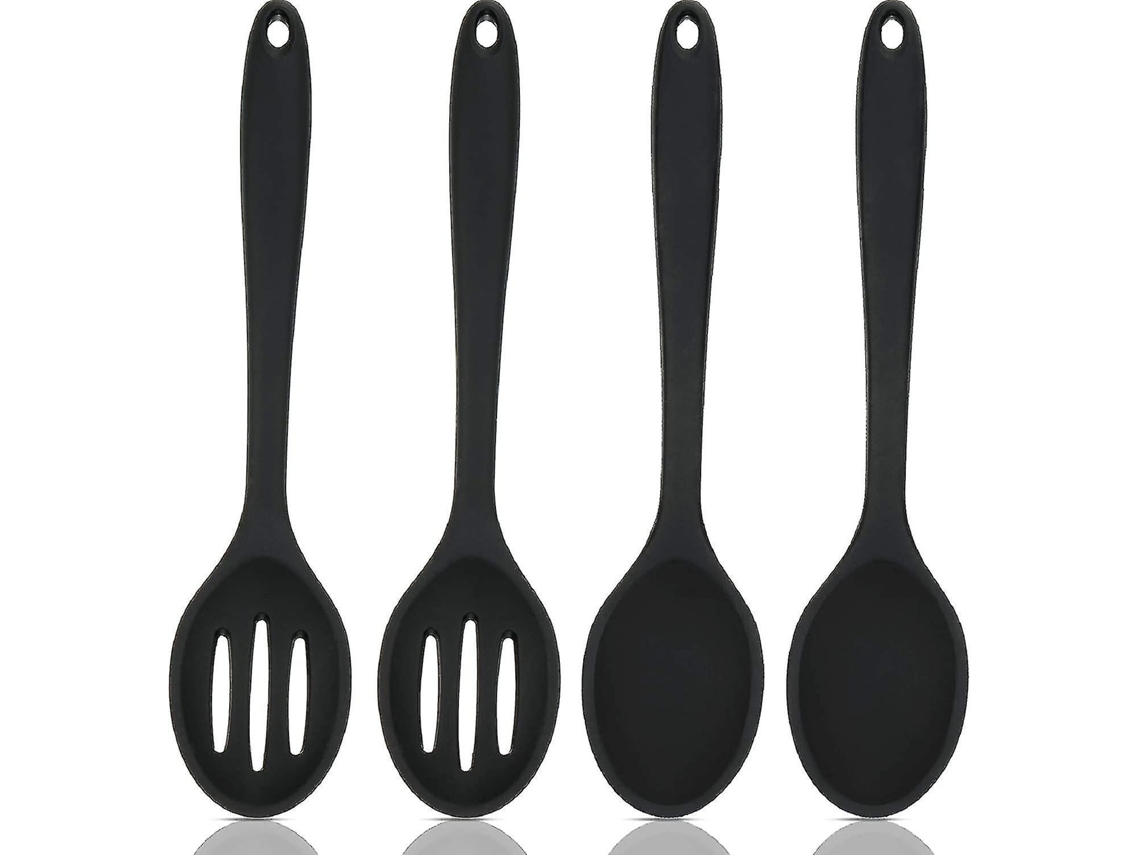 Set de 4 Colheres de Silicone Antiaderentes Resistentes Ao Calor para Cozinha: Misturar, Servir e Escorrer Negro