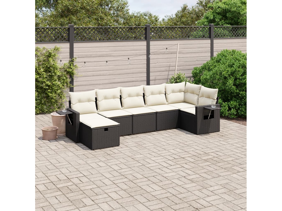 Vidaxl 7 Pcs Conjunto De Sofás P/ Jardim C/ Almofadões Vime Pe Preto