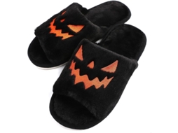 Pantufas de Halloween 2026 com estampa de abóbora, fofas e felpudas, para mulheres e meninas.