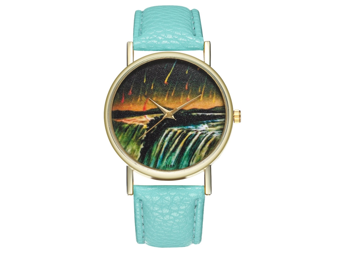 Relógio de quartzo com mostrador redondo moderno, pulseira de couro PU e ilustração de meteorito (verde menta)