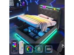 Camas ROLIPO Cama de Solteiro Estofada com Baú e Led 90x200 Cm Cinza